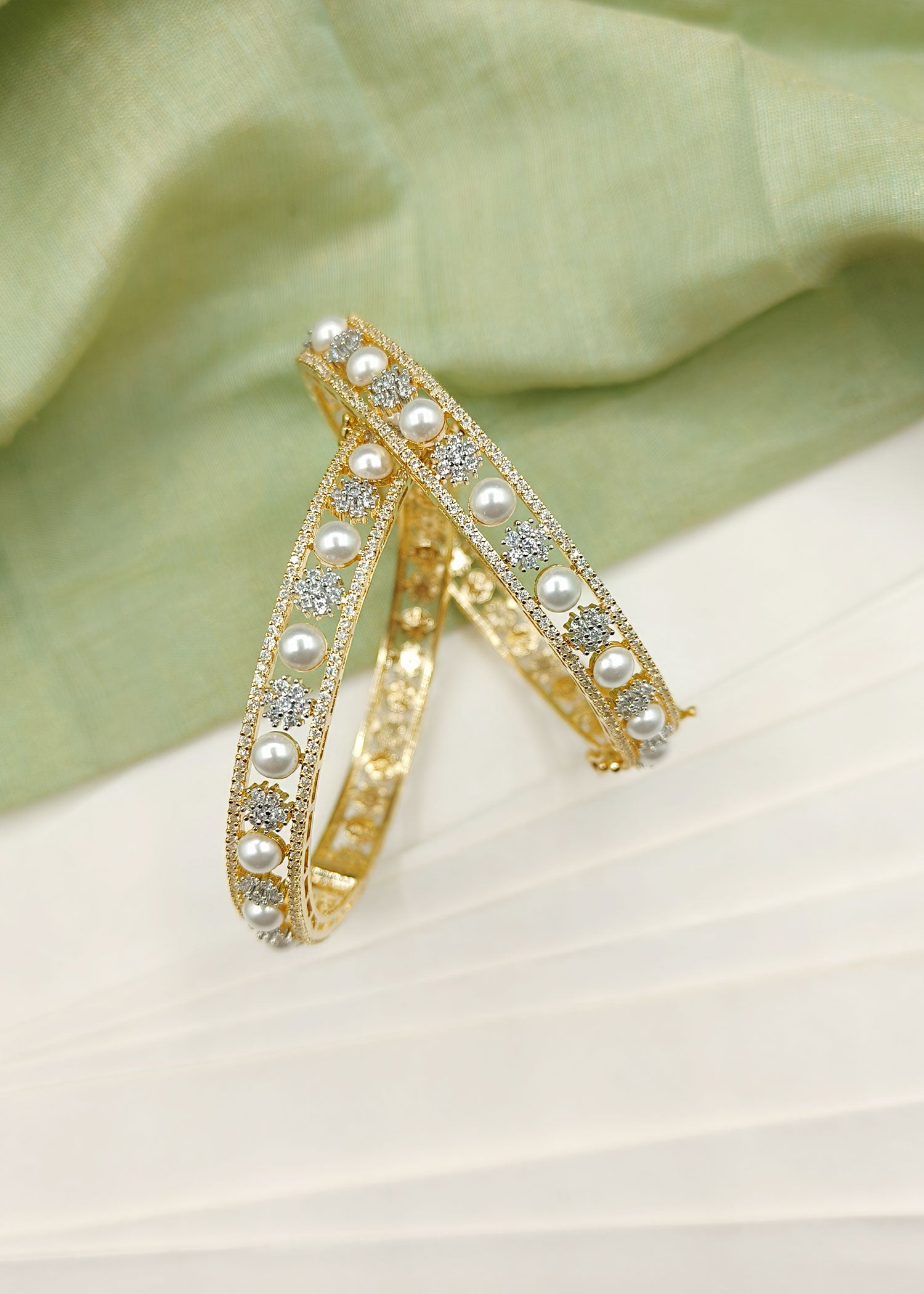 Cubic Zircon Silver Plated Floral Design Openable Moti Bangles (Pair)