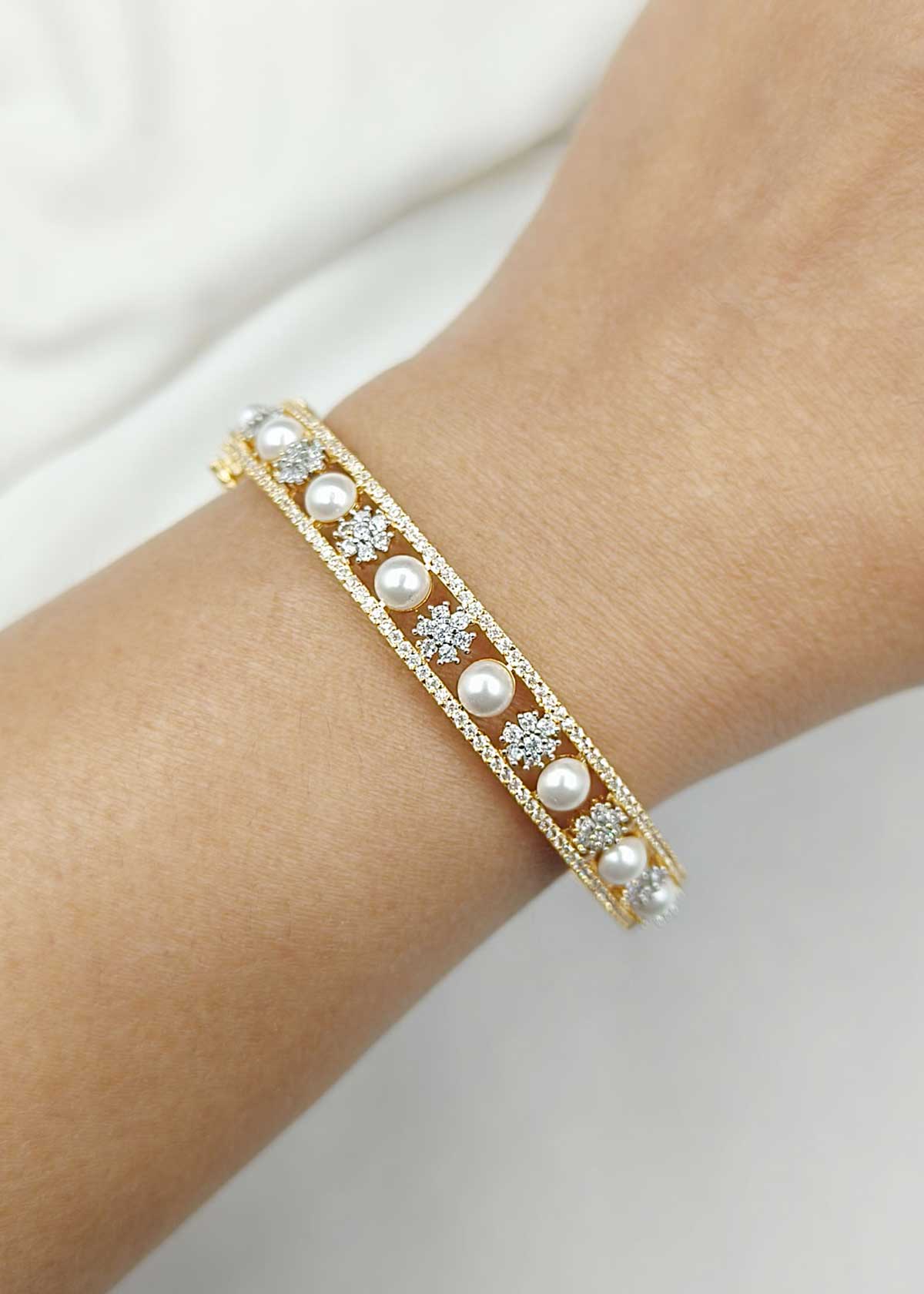 Cubic Zircon Silver Plated Floral Design Openable Moti Bangles (Pair)