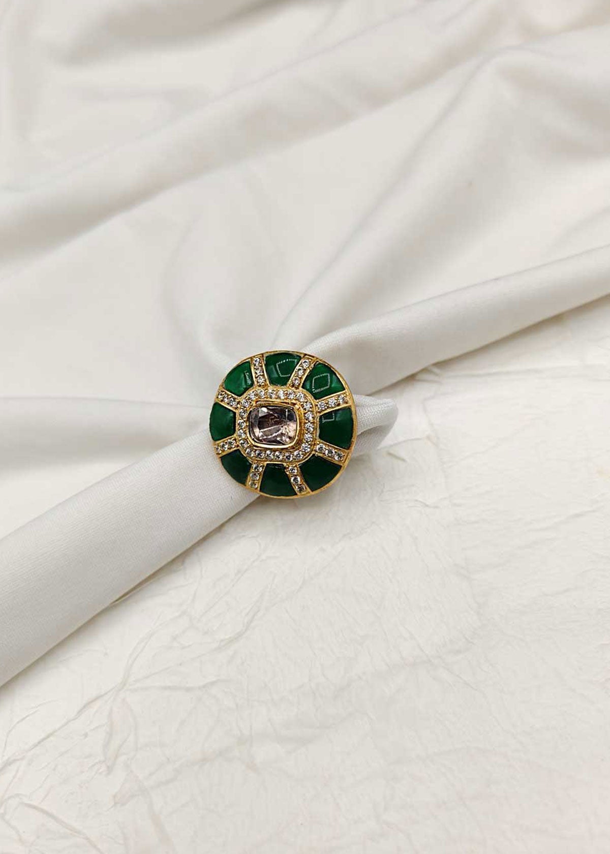 Green Cubic Zircon With Kundan Adjustable Finger ring