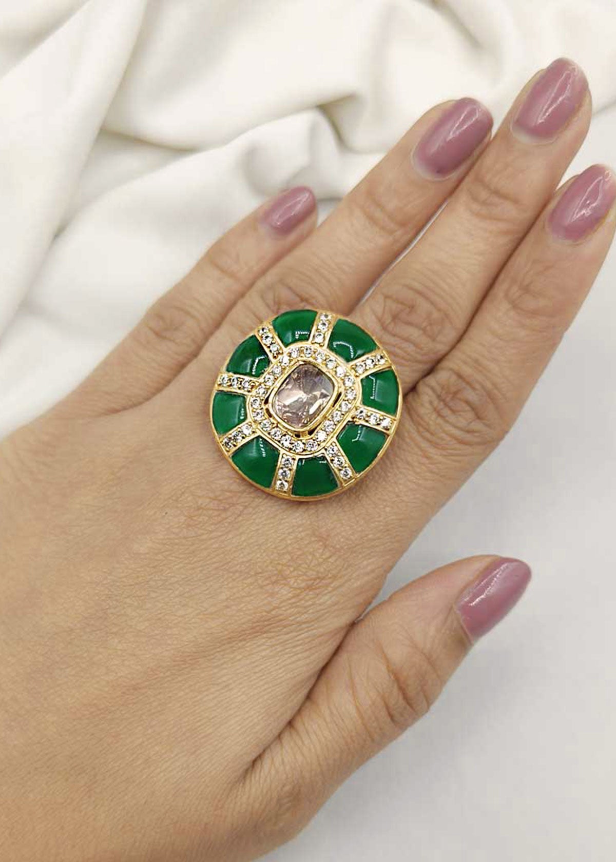 Green Cubic Zircon With Kundan Adjustable Finger ring