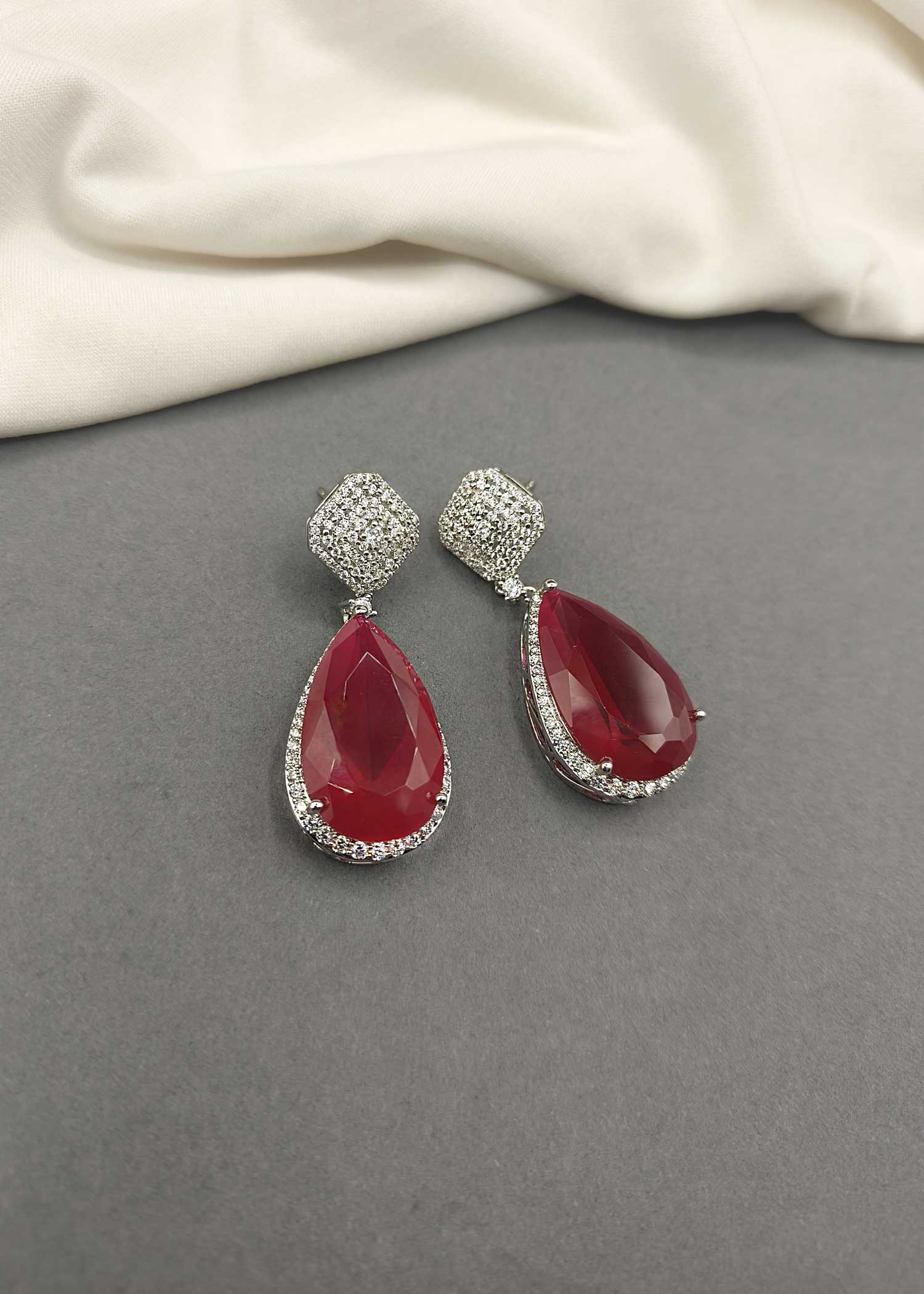 Cubic Zircon Big Drop Shape Ruby / Sapphire Women Earring