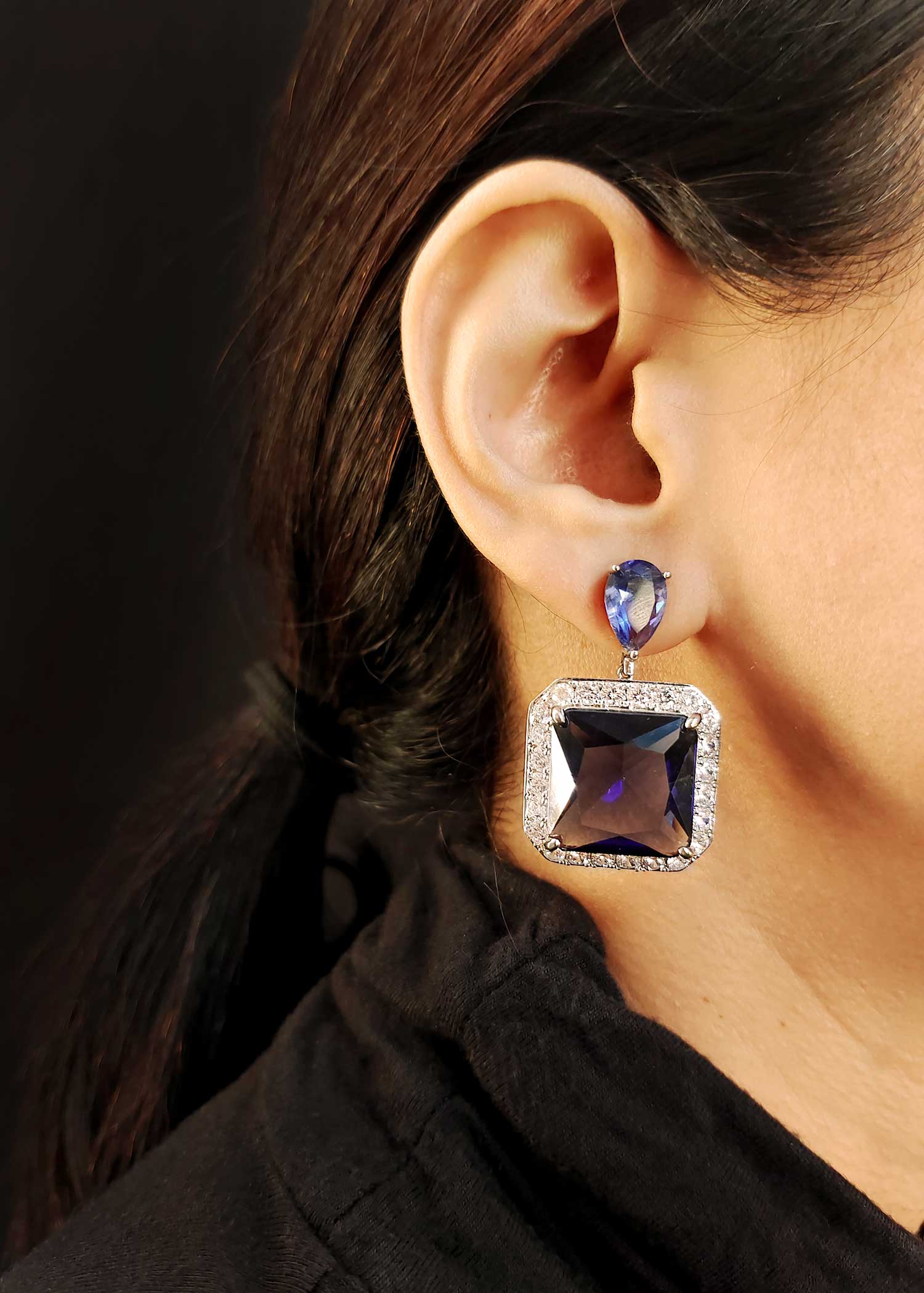 Cubic Zircon Big Sapphire Square Shape Stone Earring