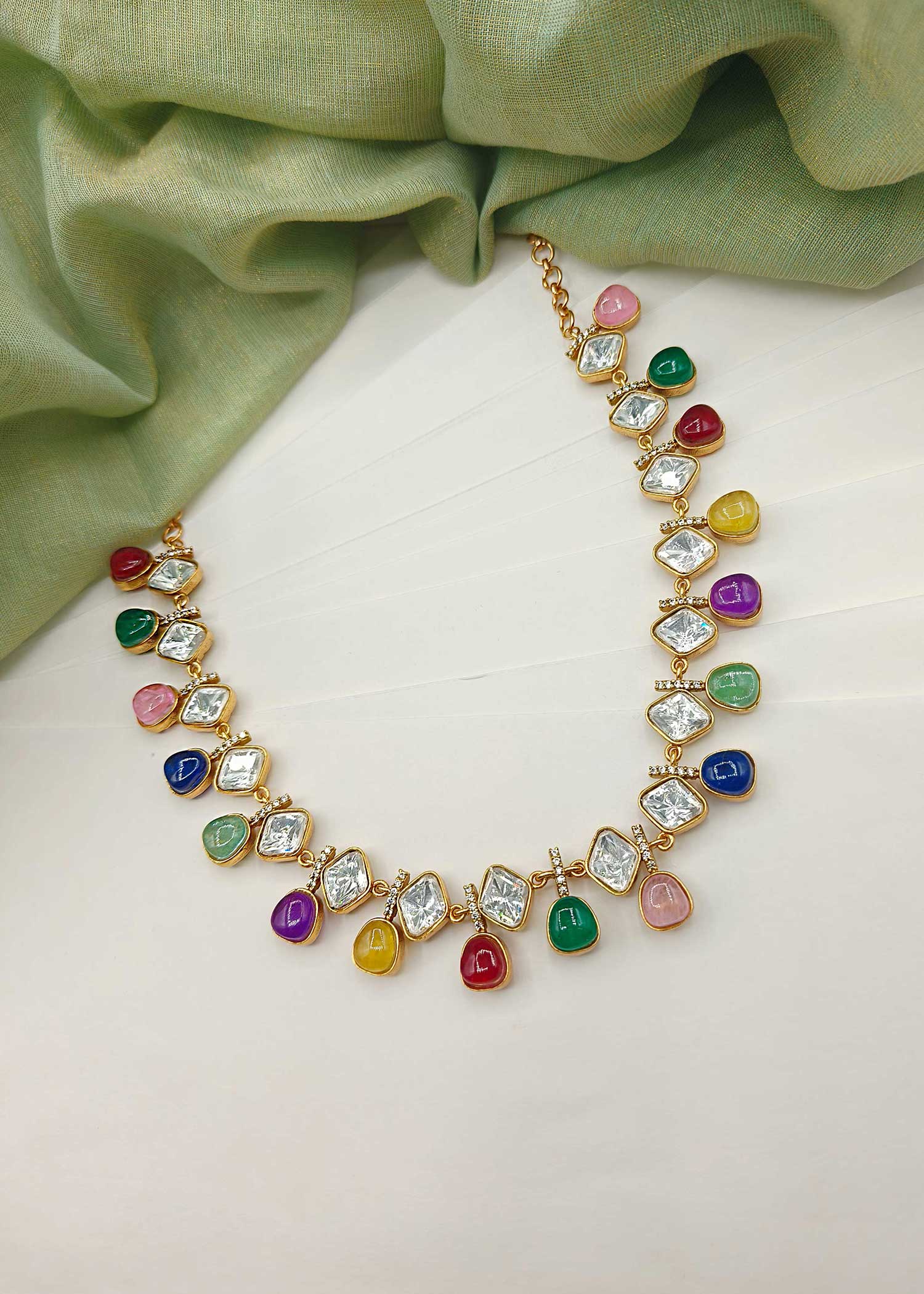 Cubic Zircon Kundan Stone Multi Color Necklace set