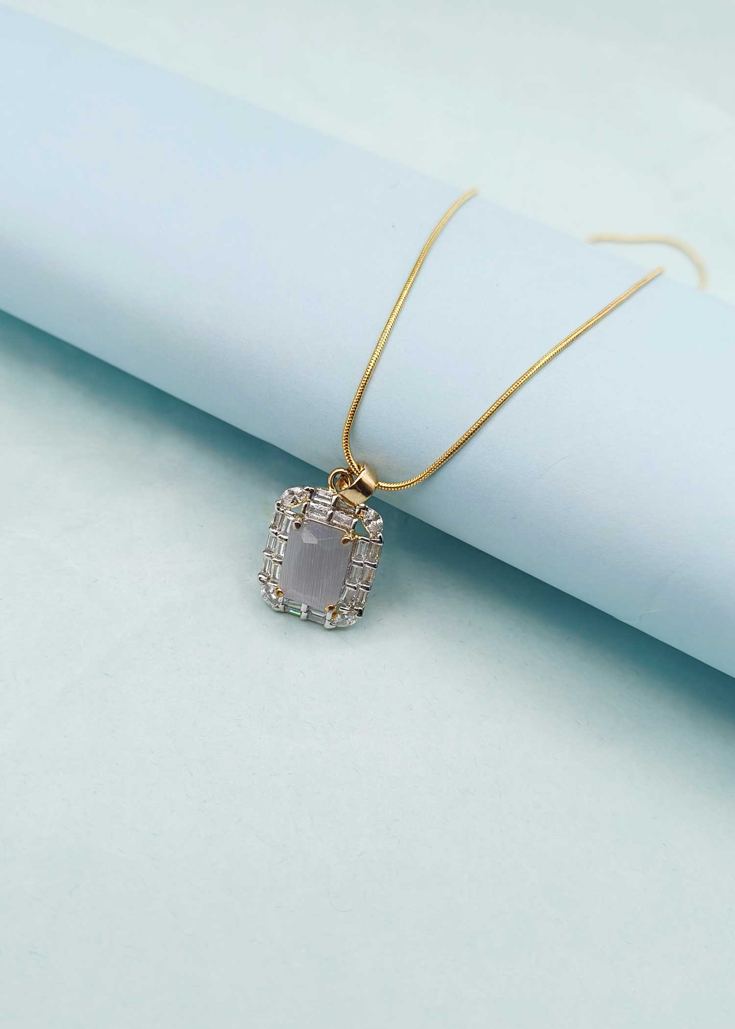 Square Shape Baguette Diamond Grey Pendant Set