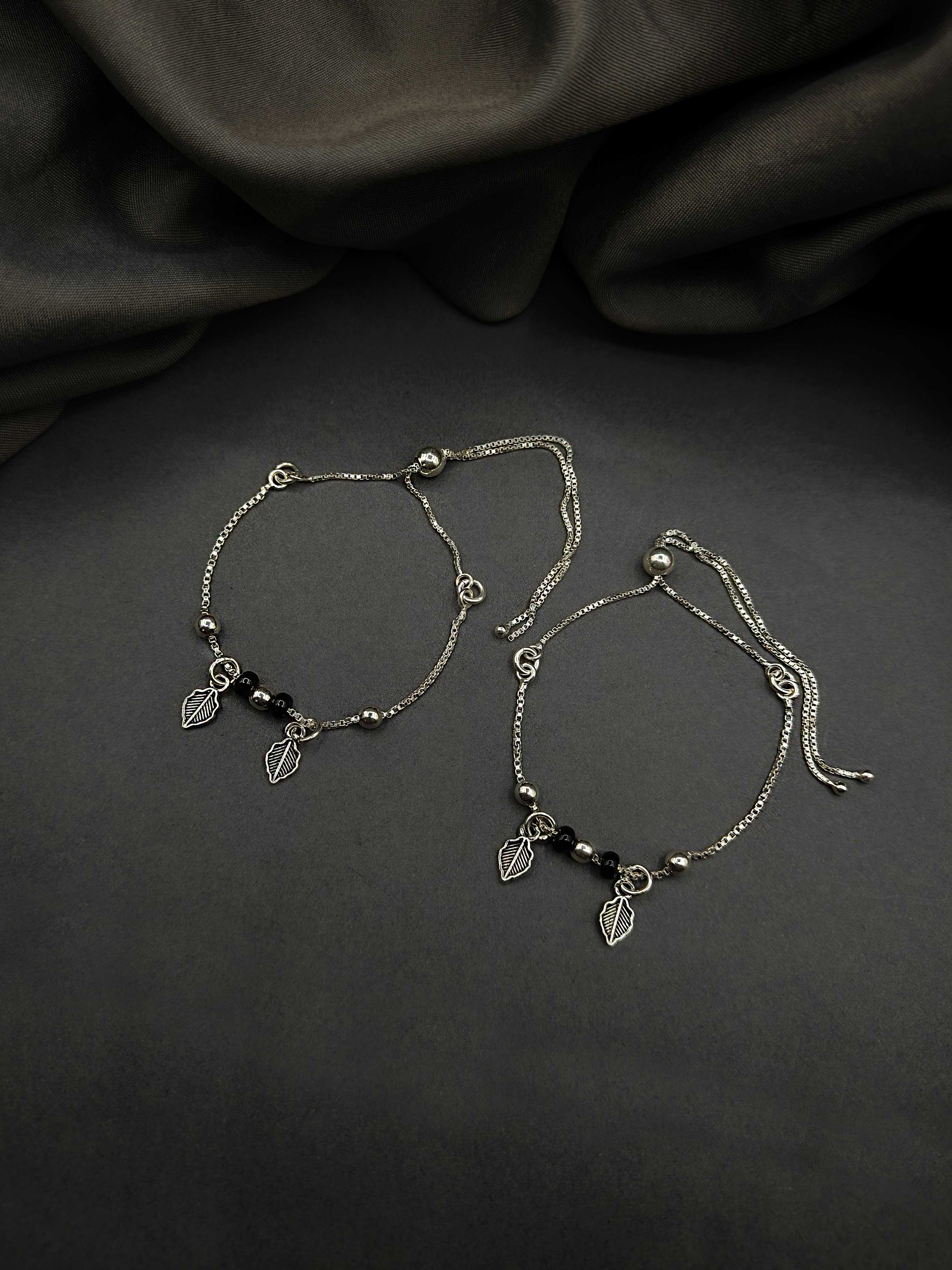 92.5 Sterling Silver Leaf Design Delicate Fully Adjustable Payal/Anklet