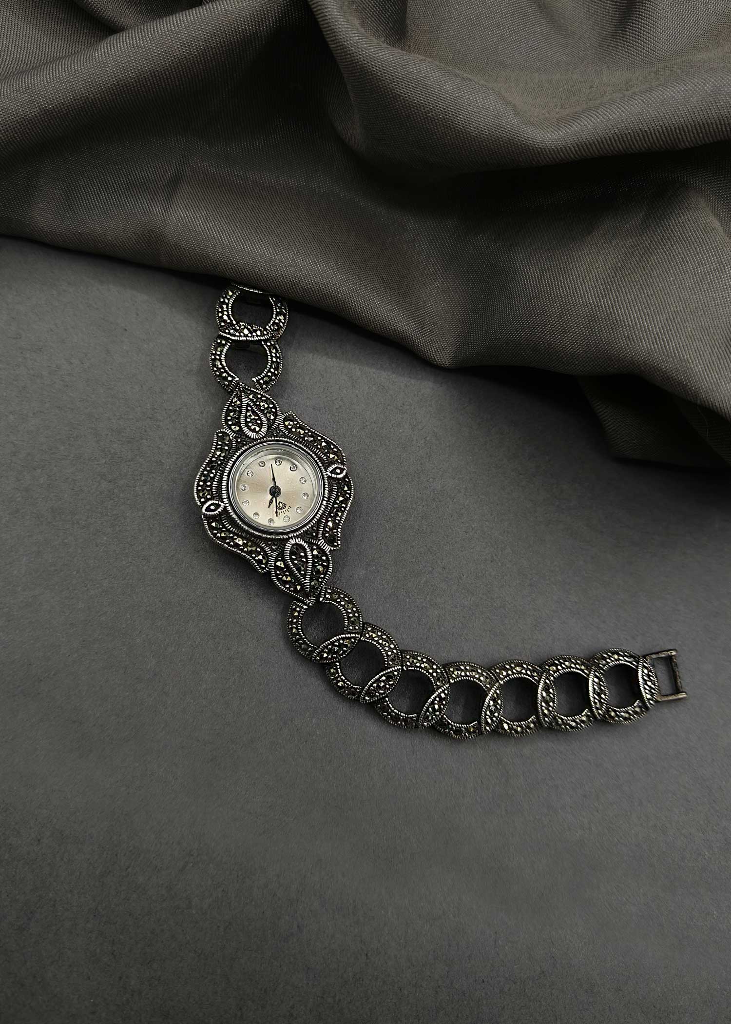92.5 Sterling Silver Marcasite Stone Vintage Style Women Watch
