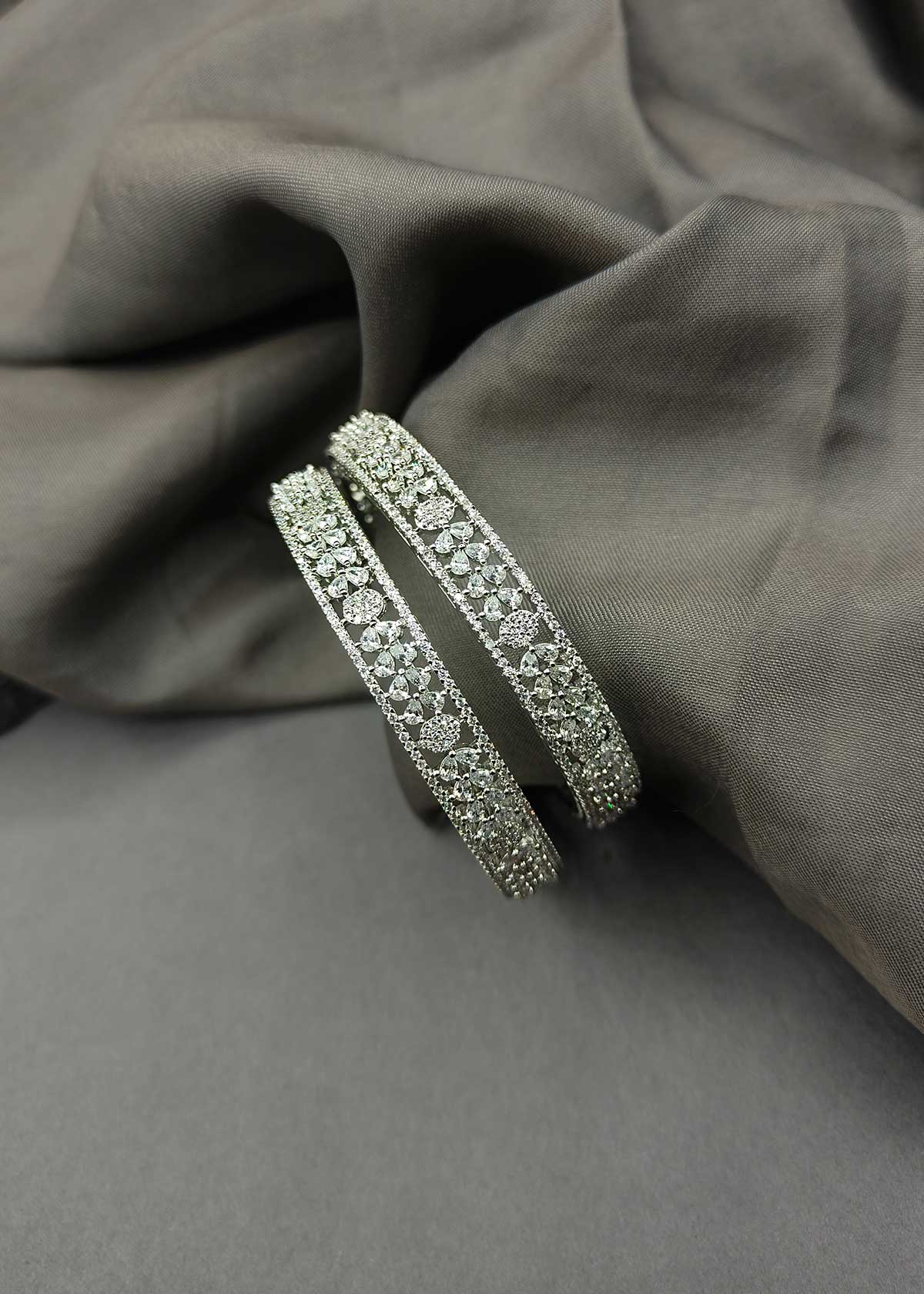 Cubic Zircon Silver Plated Designer Bangle (Pair)