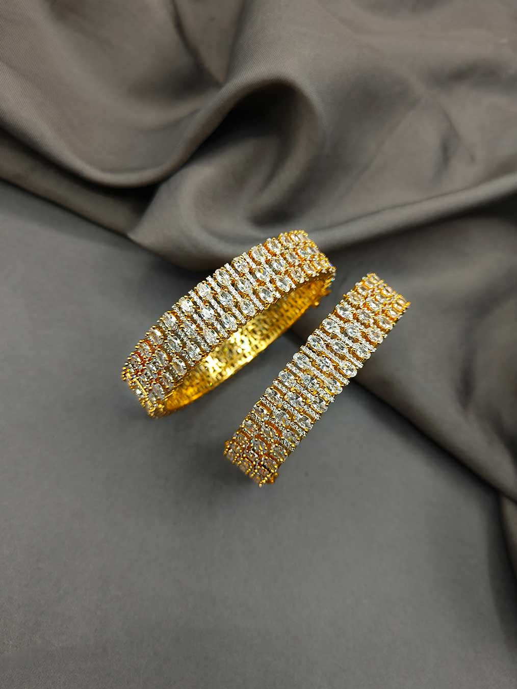 Cubic Zircon Gold-Silver Plated Broad Bangle (Pair)