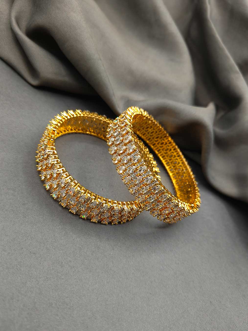 Cubic Zircon Gold-Silver Plated Broad Bangle (Pair)