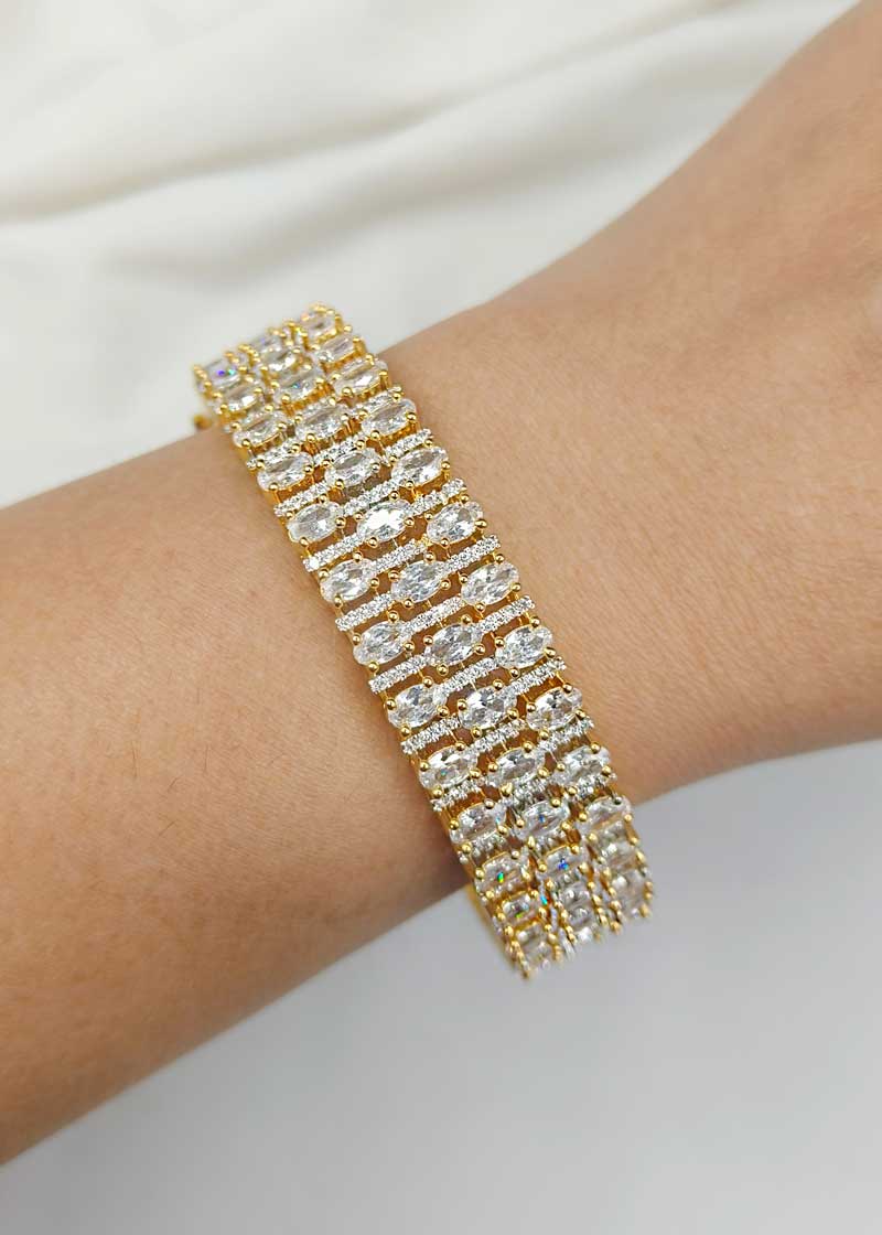 Cubic Zircon Gold-Silver Plated Broad Bangle (Pair)