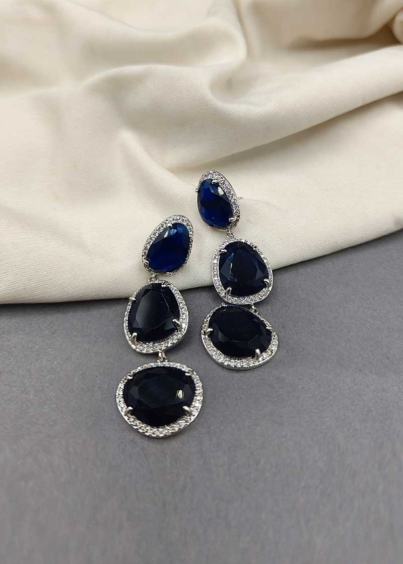 Silver Diamond Sapphire Stone Long Dangle Earring