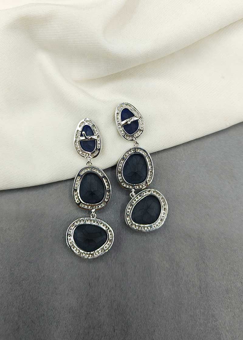 Silver Diamond Sapphire Stone Long Dangle Earring
