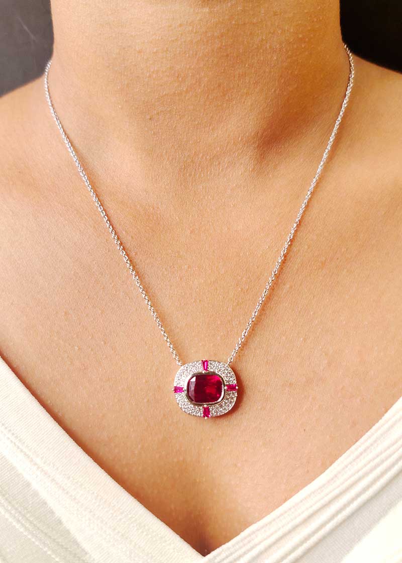 Square Cut Ruby And Green Silver Plated Pendant Set