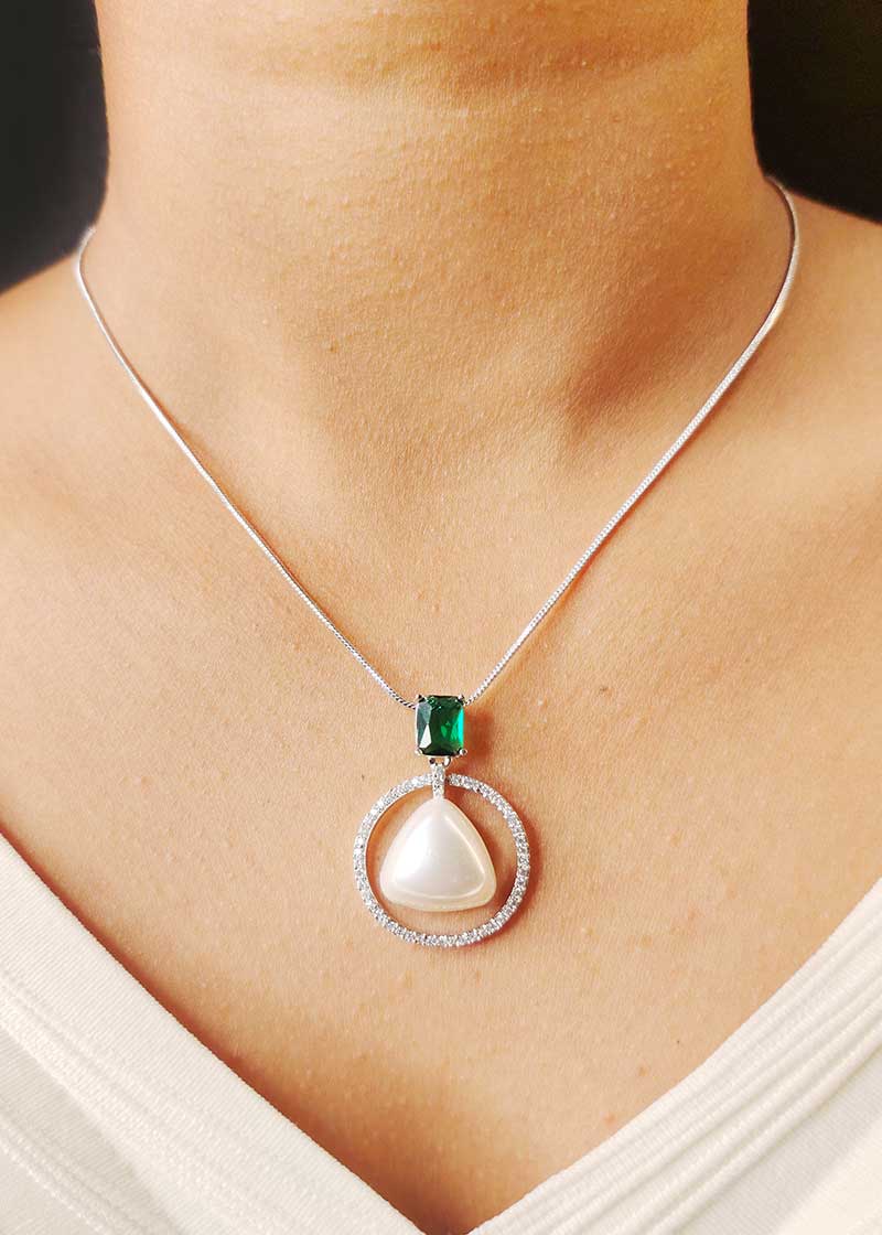 Cubic Zircon Hanging Pearl Designer Pendant Set