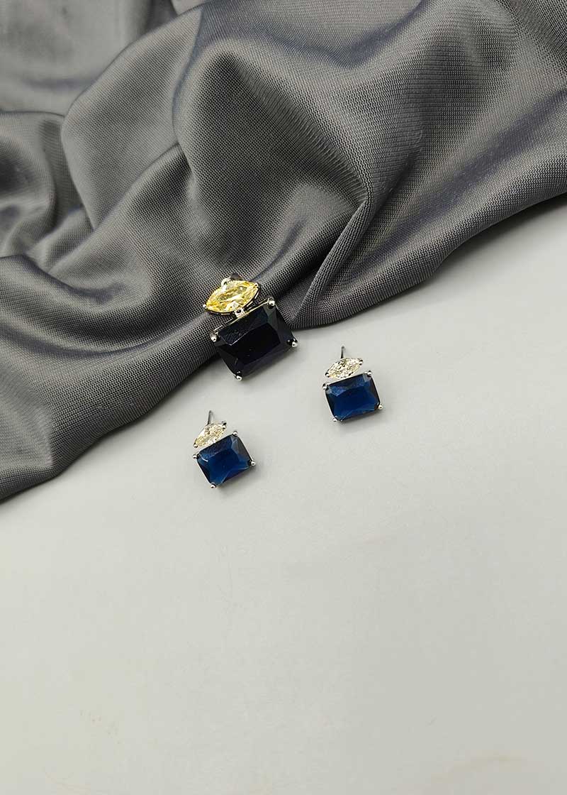 Cubic Zircon Blue Sapphire Stone Small Square Shape Pendant Set