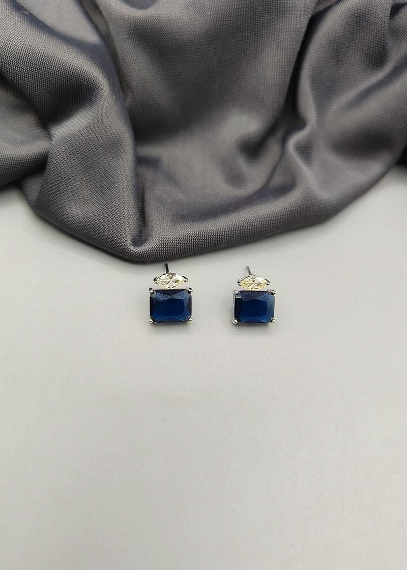 Cubic Zircon Blue Sapphire Stone Small Square Shape Pendant Set