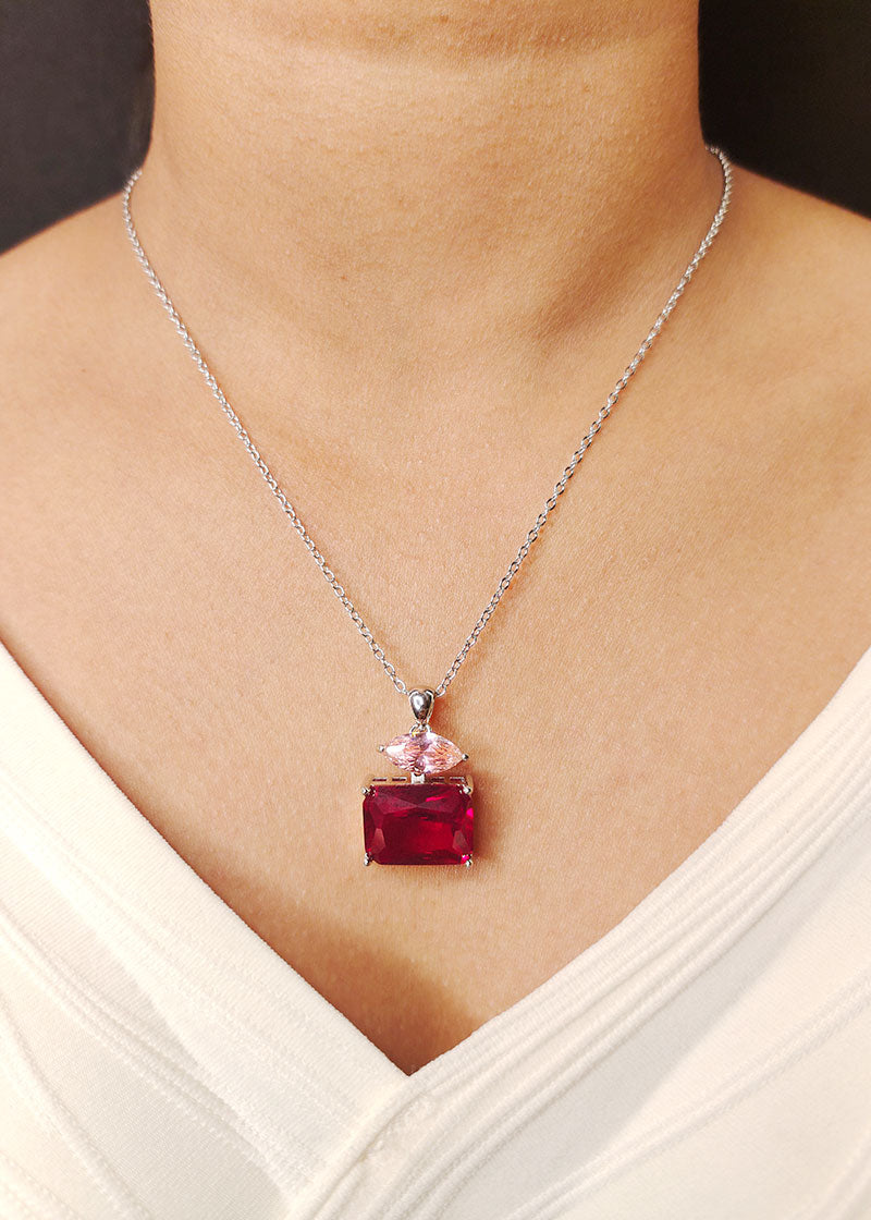 Cubic Zircon Blue Sapphire Stone Small Square Shape Pendant Set