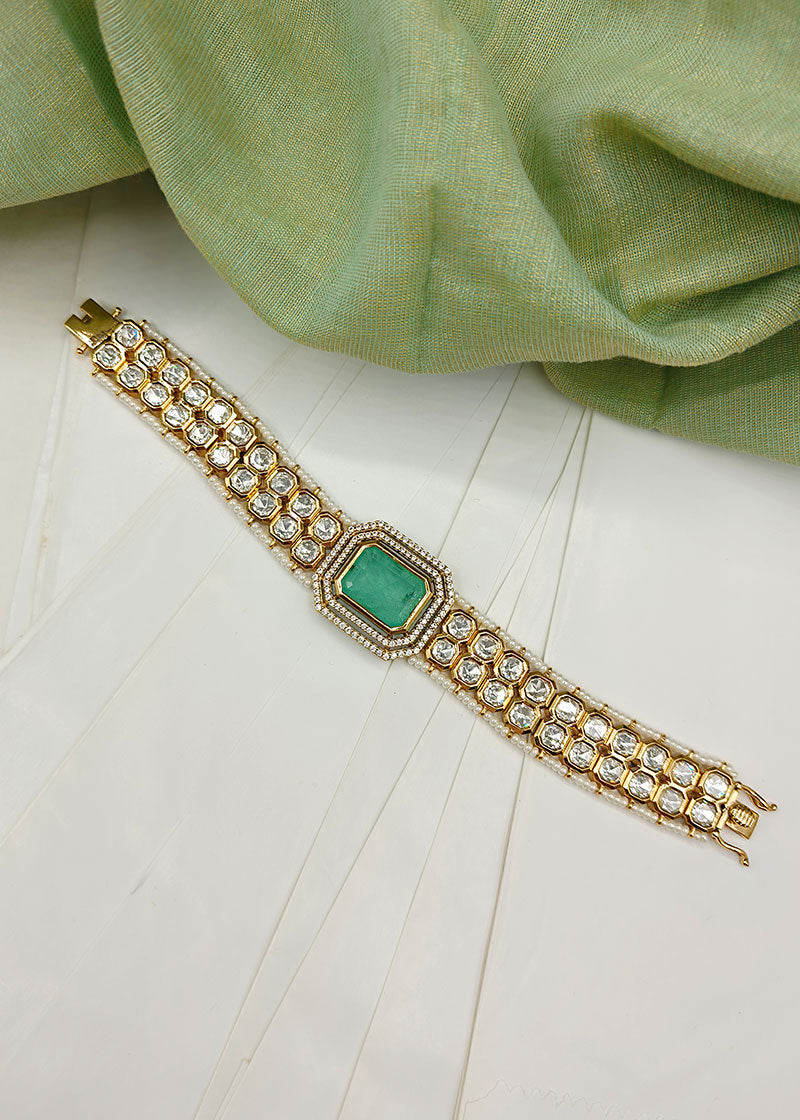 Cubic Zircon With Kundan Emerald Pearl Loose Bracelet