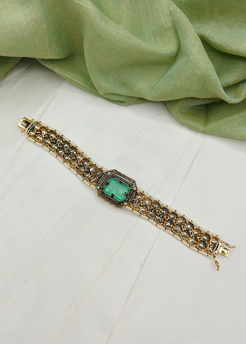 Cubic Zircon With Kundan Emerald Pearl Loose Bracelet