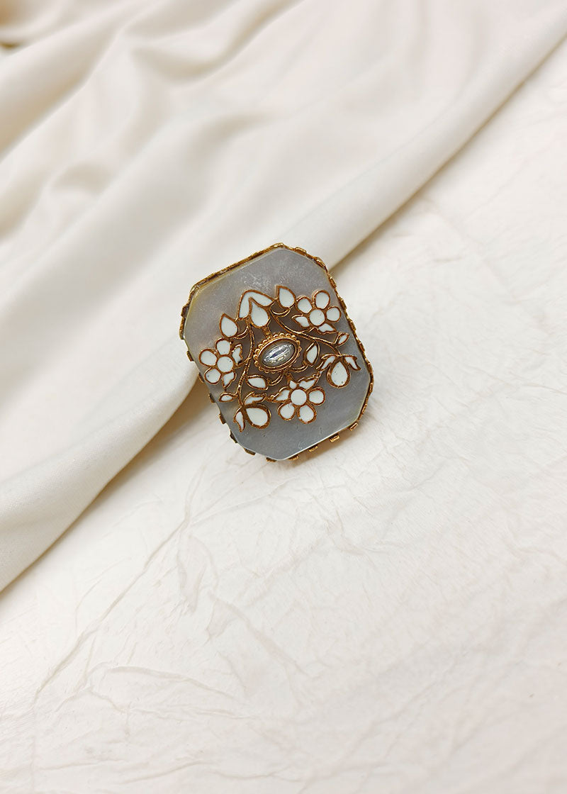Big White Mother Of Pearl Floral Design Kundan Finger Ring For Women