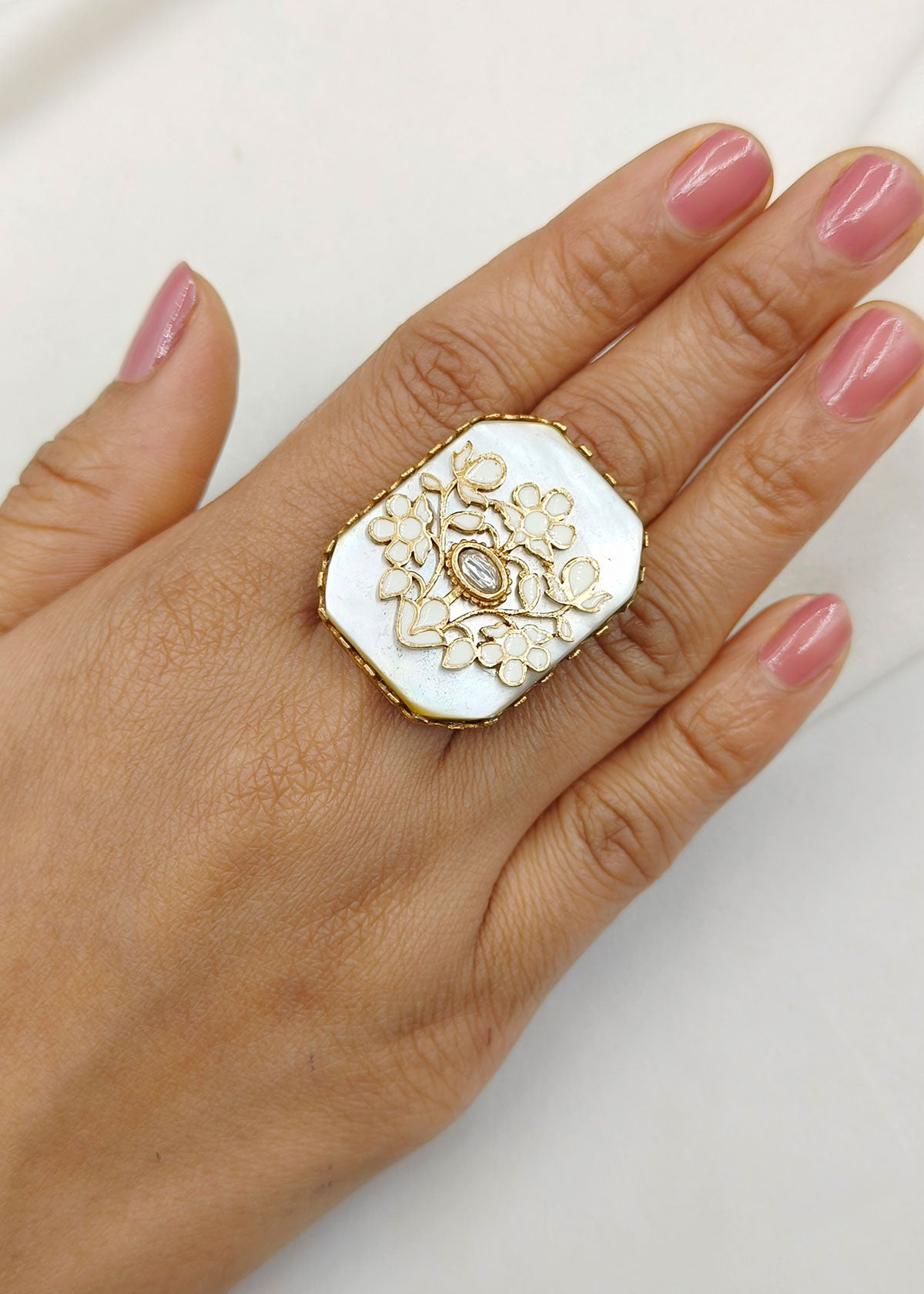 Big White Mother Of Pearl Floral Design Kundan Finger Ring For Women