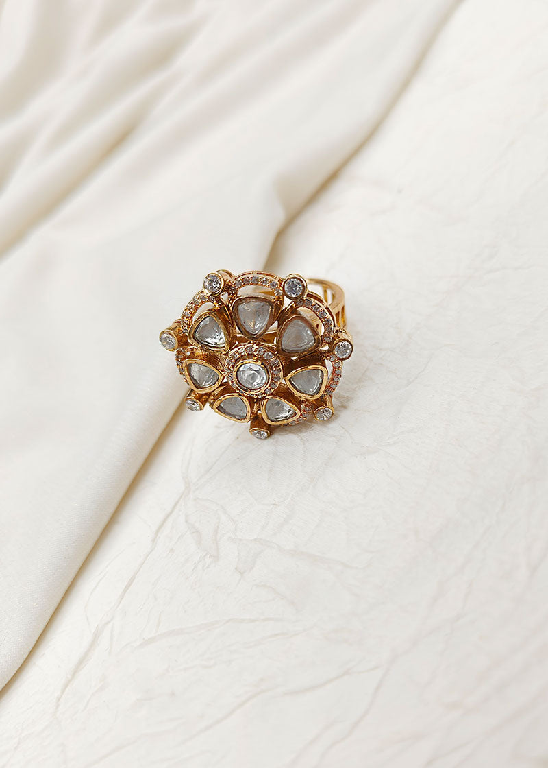 Kundan & Diamond Gold Plated Adjustable Big Finger Ring For Women