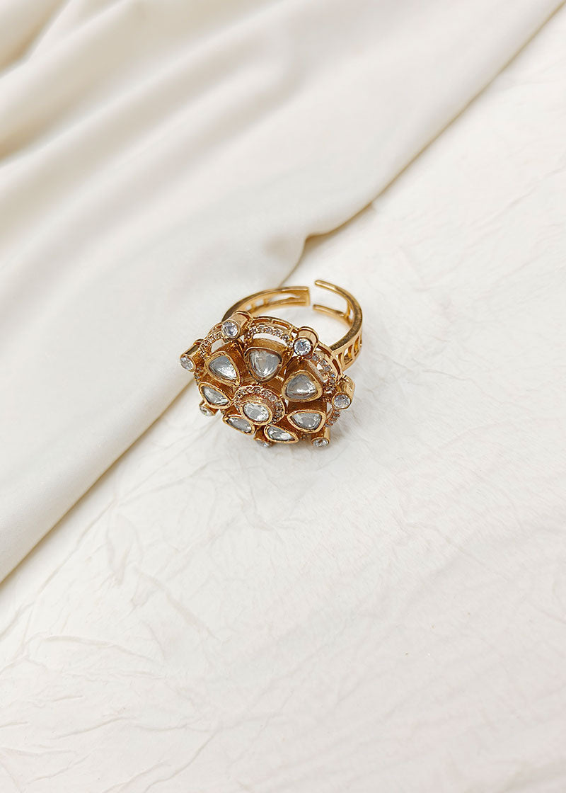 Kundan & Diamond Gold Plated Adjustable Big Finger Ring For Women