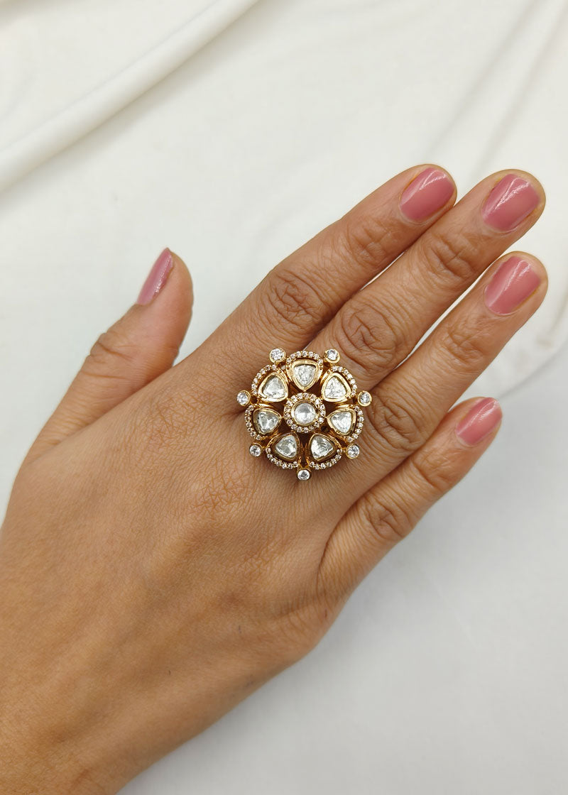 Kundan & Diamond Gold Plated Adjustable Big Finger Ring For Women
