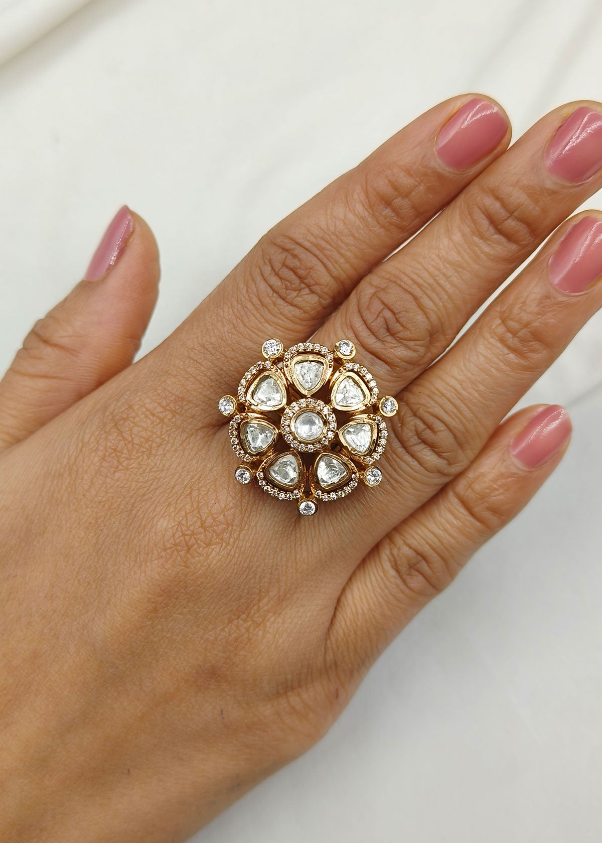 Kundan & Diamond Gold Plated Adjustable Big Finger Ring For Women