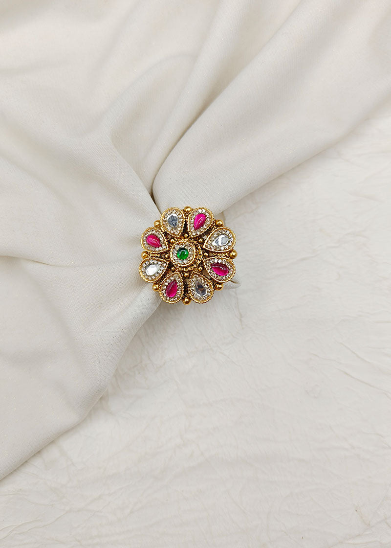 Kundan Cubic Zircon Pink Green Adjustable Gold Plated Finger Ring