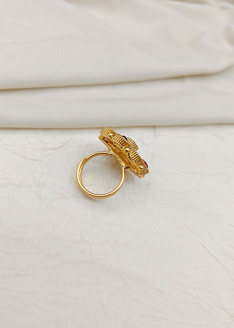 Kundan Cubic Zircon Pink Green Adjustable Gold Plated Finger Ring