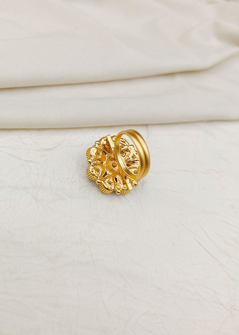 Kundan Cubic Zircon Pink Green Adjustable Gold Plated Finger Ring