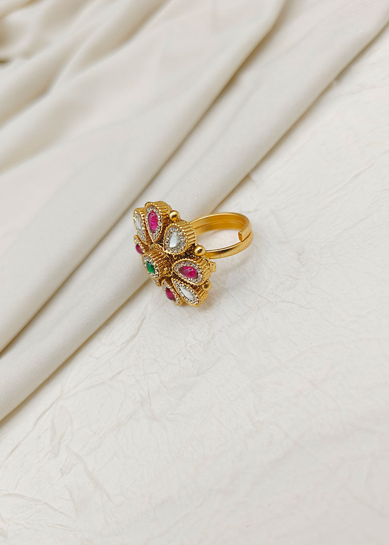 Kundan Cubic Zircon Pink Green Adjustable Gold Plated Finger Ring