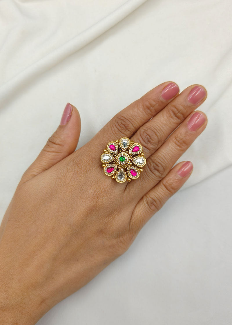 Kundan Cubic Zircon Pink Green Adjustable Gold Plated Finger Ring