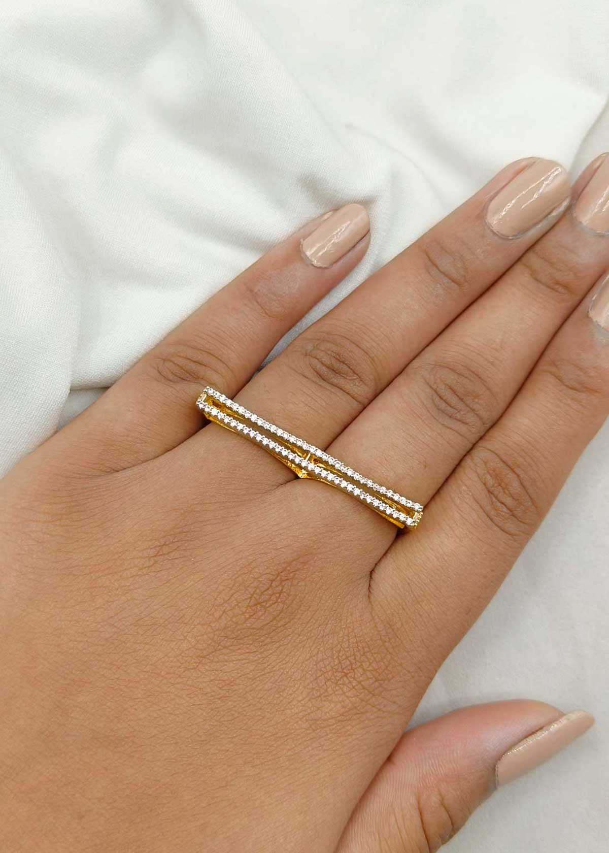 Silver Plated Cubic Zircon Dual Finger Adjustable Ring For Women