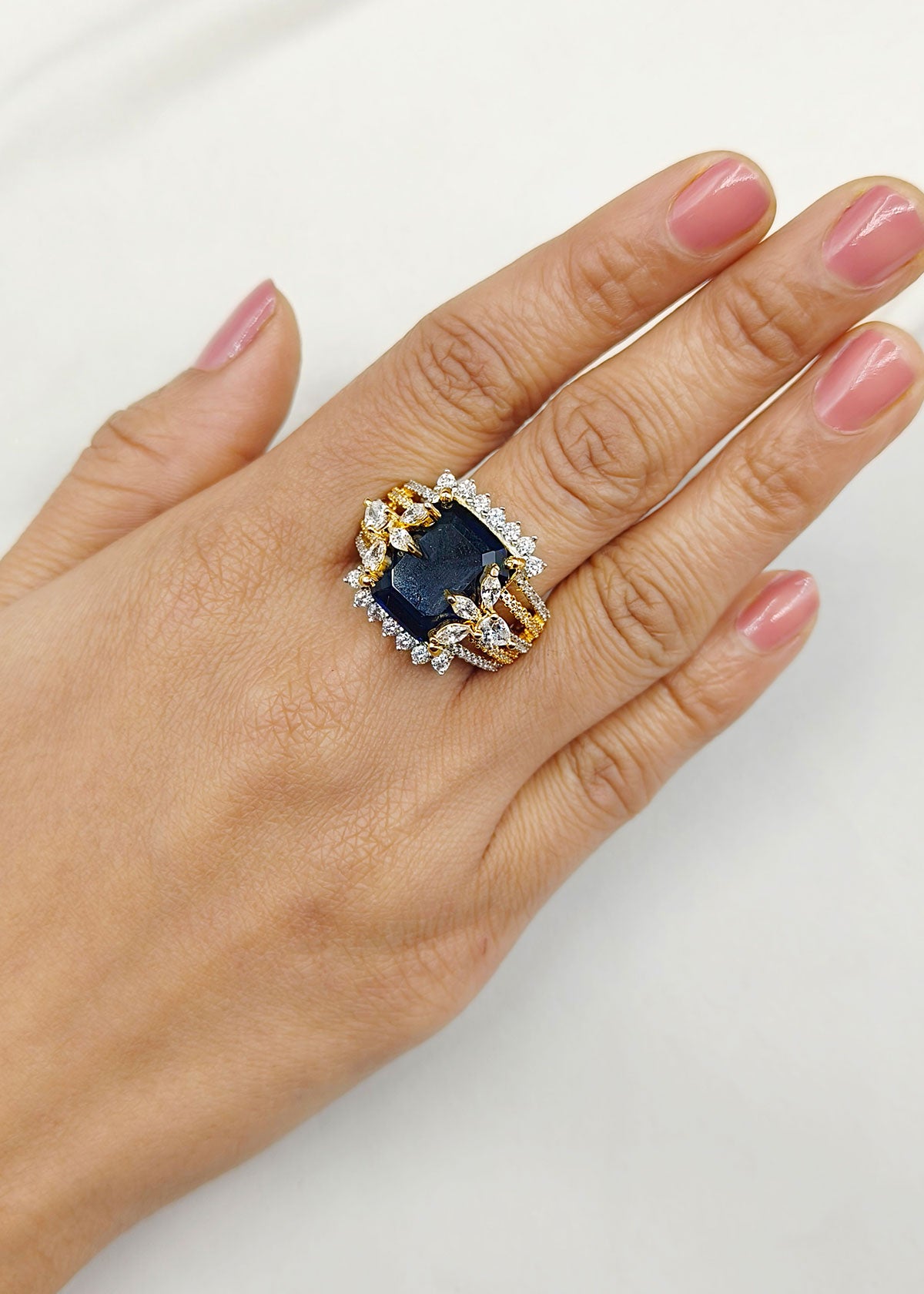 Big Cubic Zircon Blue Sapphire Victorian Design Gold Plated Adjustable Finger Ring