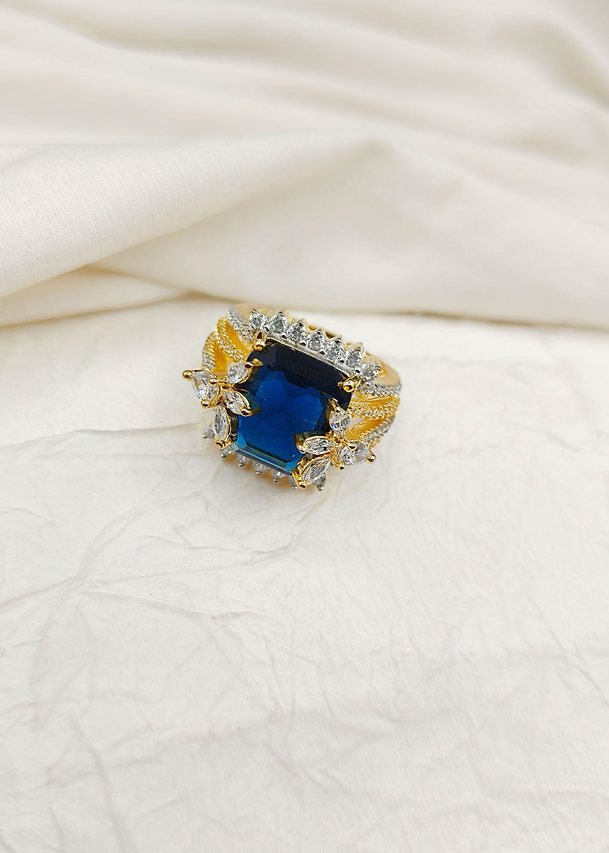 Big Cubic Zircon Blue Sapphire Victorian Design Gold Plated Adjustable Finger Ring