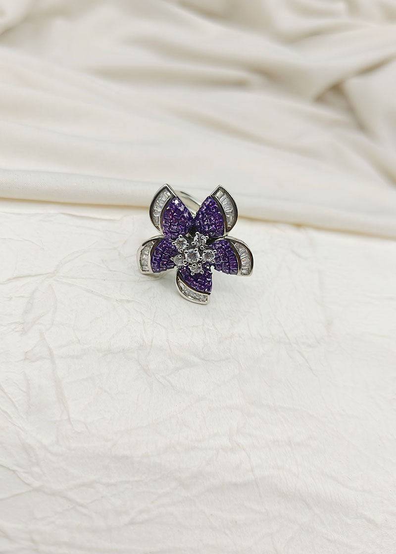 Cubic Zircon Purple Flower Shape Adjustable Silver Plated Big Finger Ring