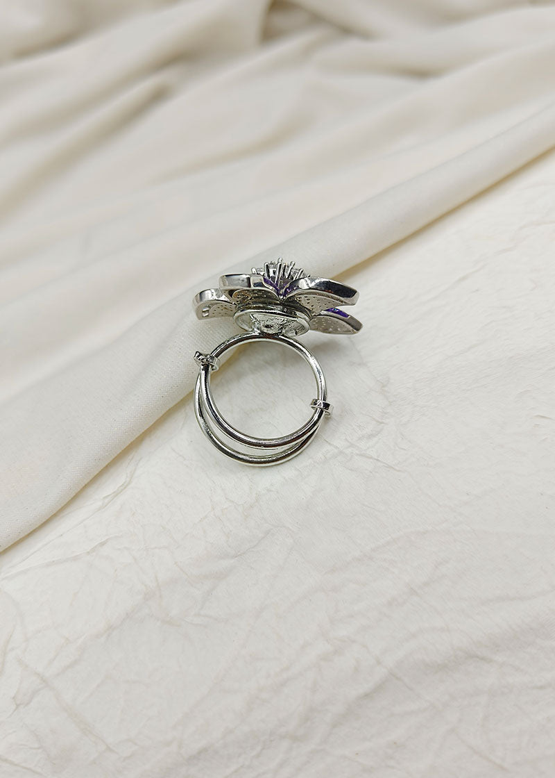 Cubic Zircon Purple Flower Shape Adjustable Silver Plated Big Finger Ring