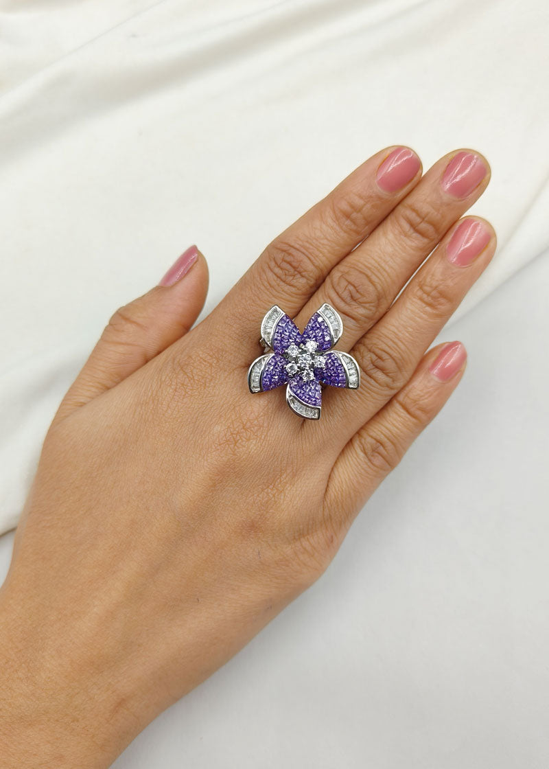 Cubic Zircon Purple Flower Shape Adjustable Silver Plated Big Finger Ring