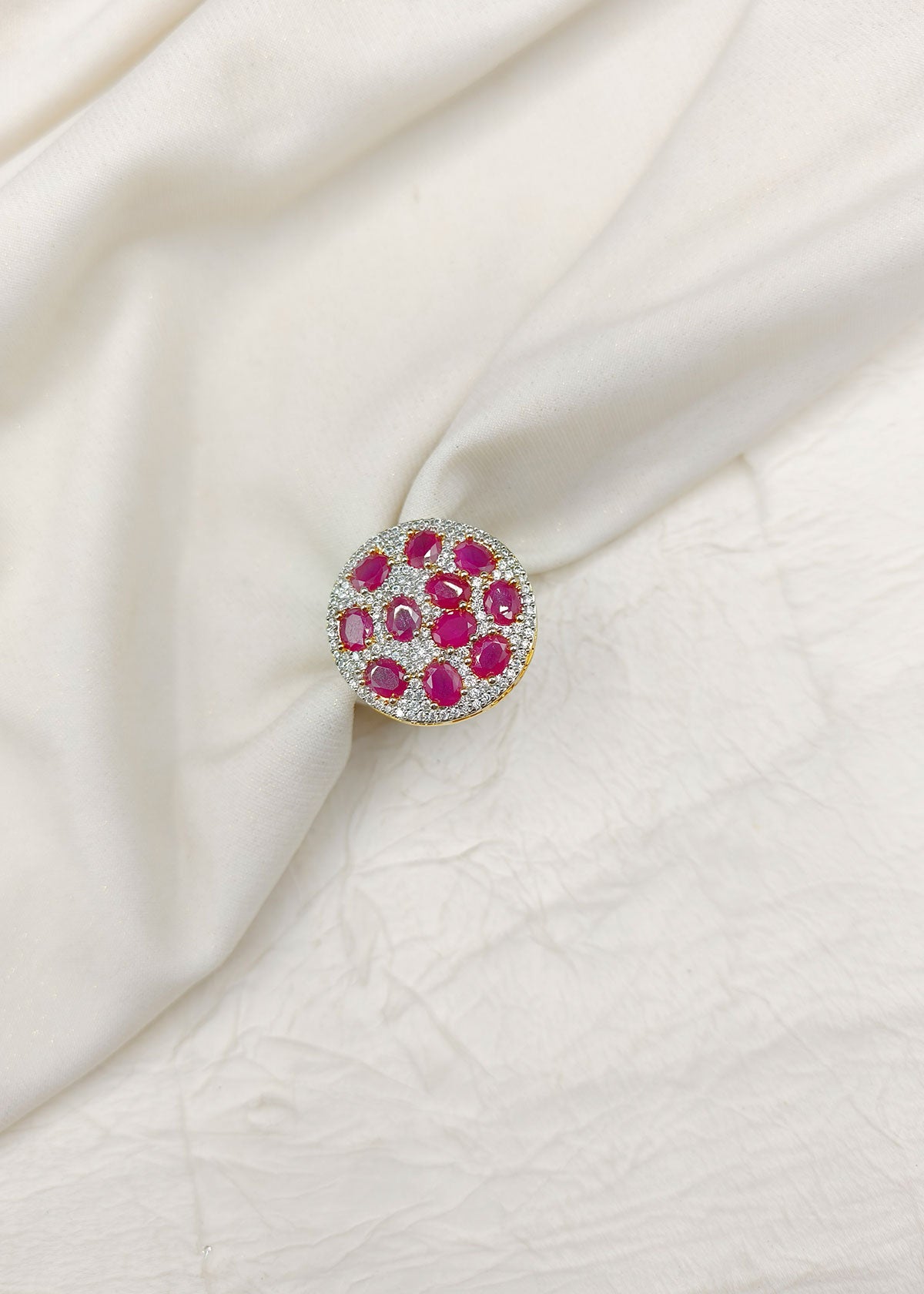 Big Round Diamond And Stone Studded Women Adjustable Finger Ring