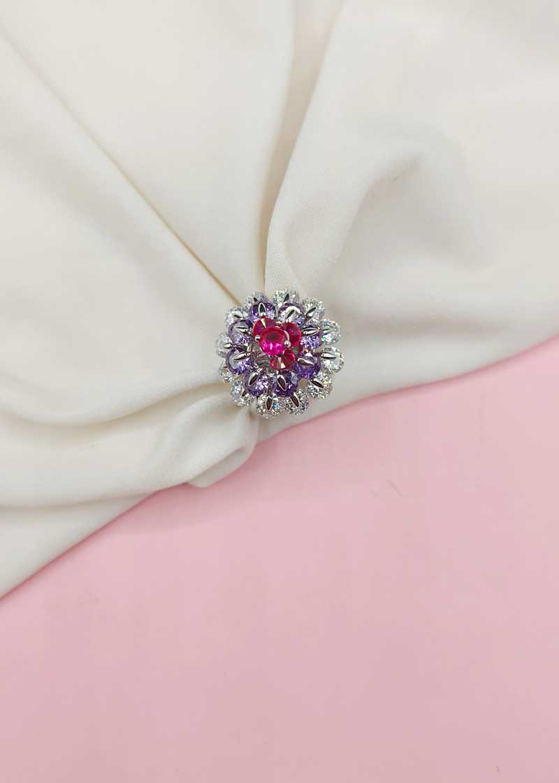 Big Purple/ Pink Crystal Flower Design Women Adjustable Finger Ring