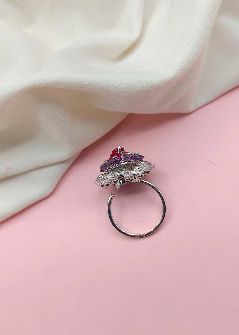 Big Purple/ Pink Crystal Flower Design Women Adjustable Finger Ring