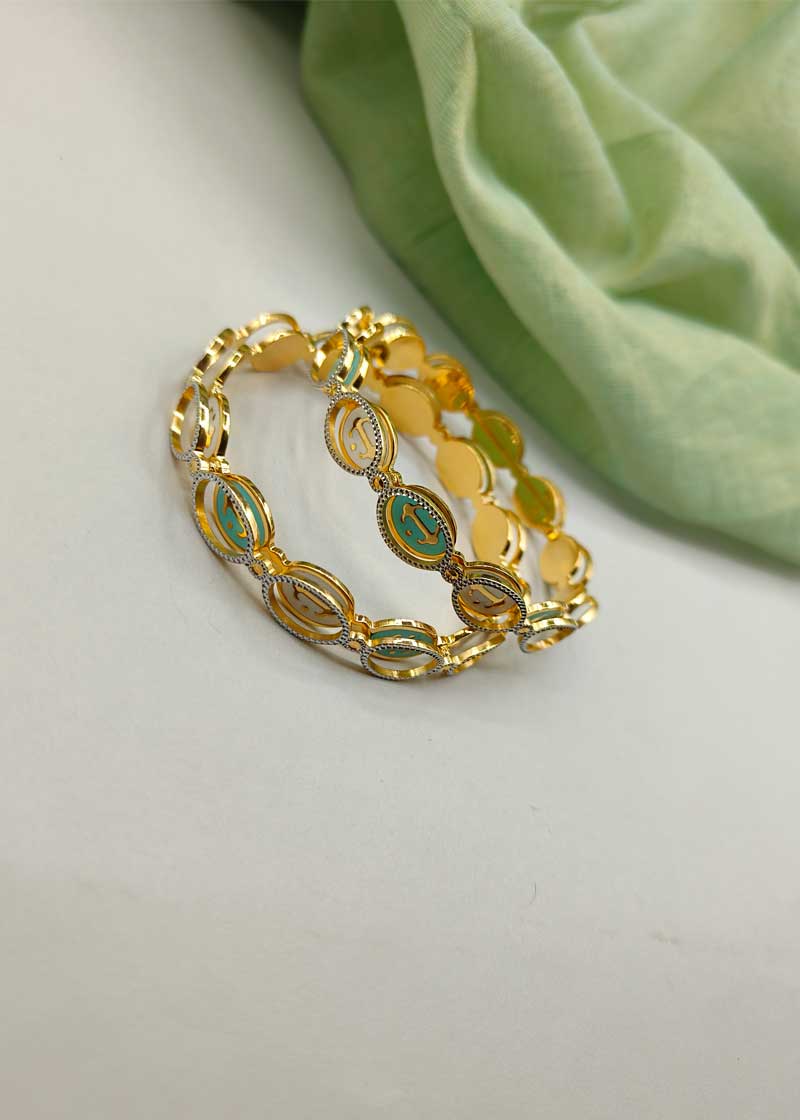1 Gram Gold Plated Oval Shape White and Turquoise Colour Bangle (Pair)