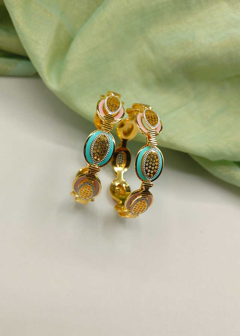 1 Gram Gold Meenakari Oval Shaped Gold-Plated Bangles (Pair)