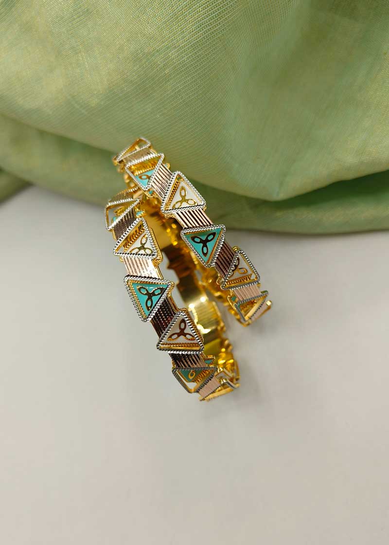 1 Gram Gold Meenakari Triangle Shaped Turquoise Gold Plated Bangles (Pair)