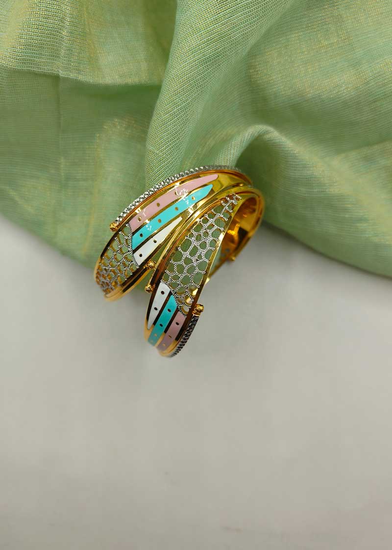 1 Gram Gold Meenakari Web Pattern Tri-Coloured Gold-Plated Bangles (Pair)