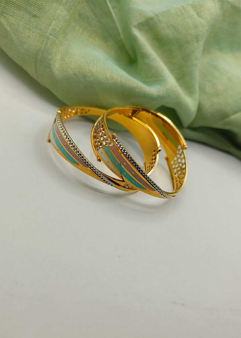 1 Gram Gold Meenakari Web Pattern Tri-Coloured Gold-Plated Bangles (Pair)