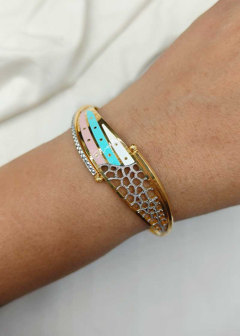 1 Gram Gold Meenakari Web Pattern Tri-Coloured Gold-Plated Bangles (Pair)