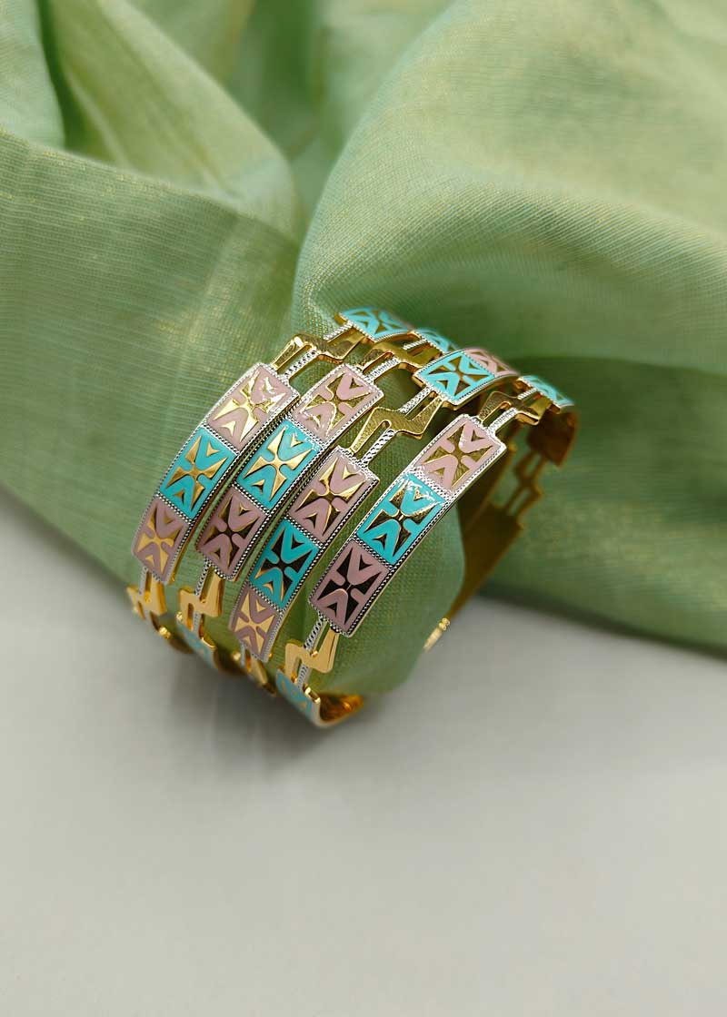 1 Gram Gold Meenakari Delicate Unique Cross Design Gold-Plated Bangles (4pcs)